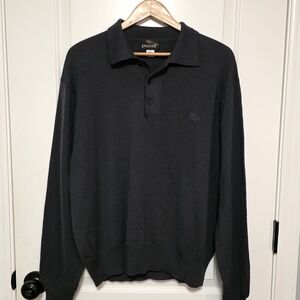Jaguar Black Long Sleeve Polo Sweater 100% Wool Mens L